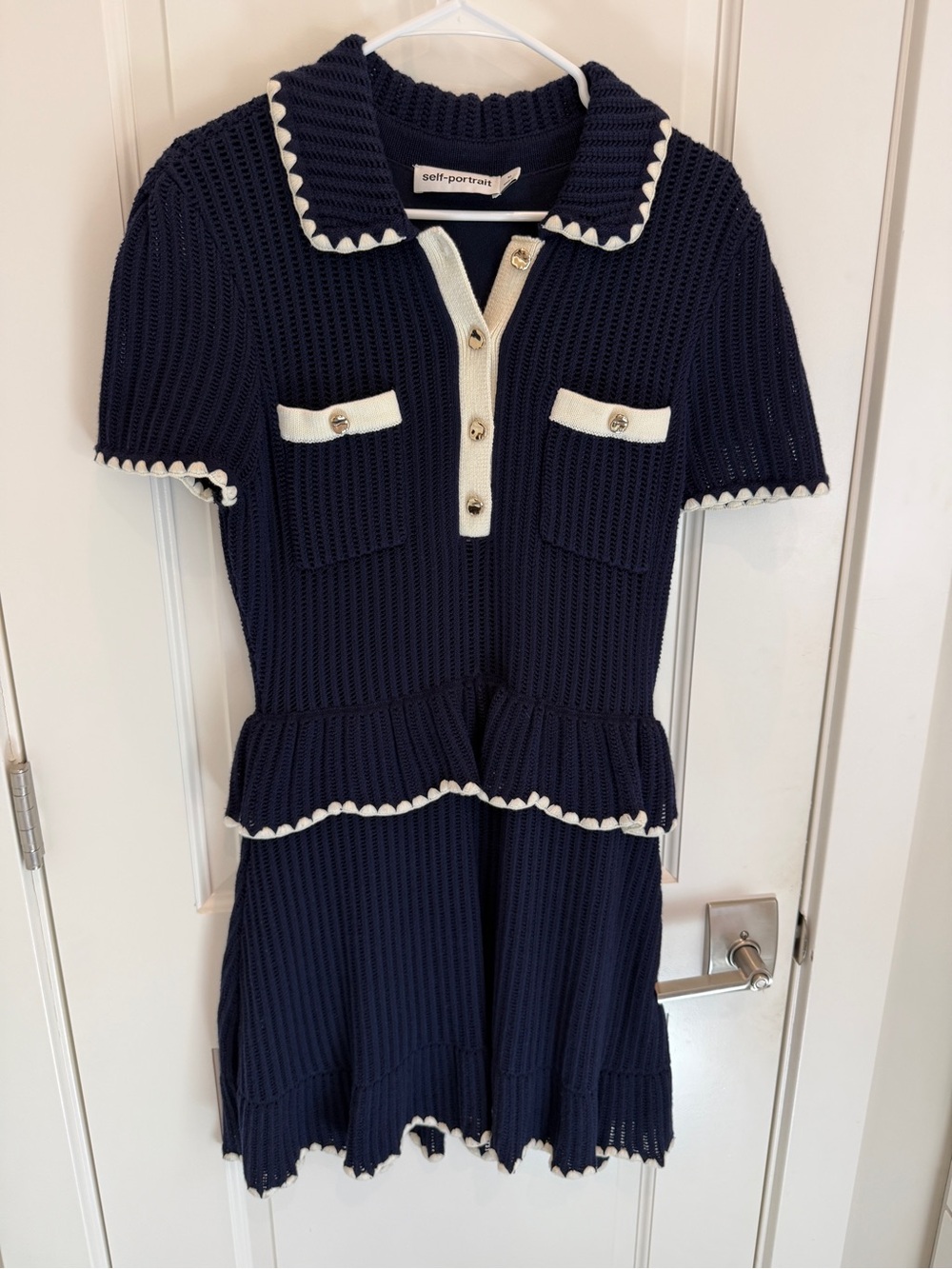 Self-Portrait Navy and Ivory Knit Peplum Polo Dress
